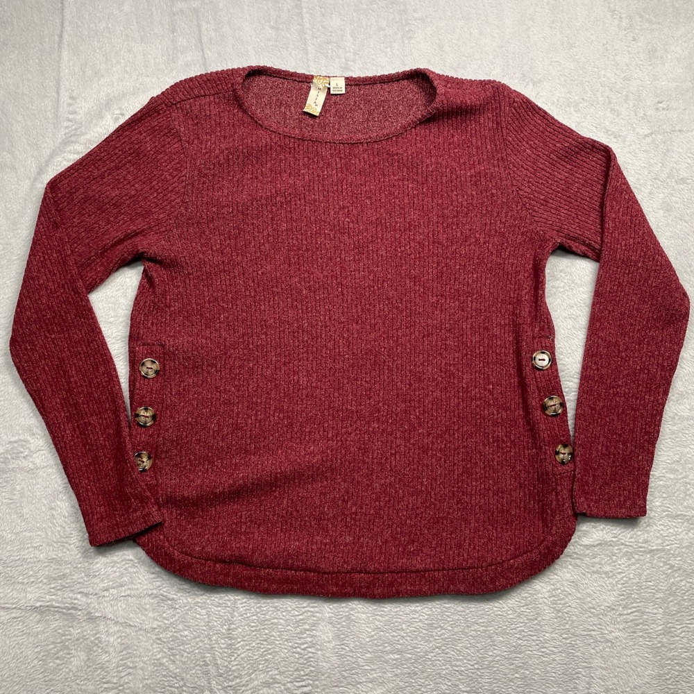 Misia Ribbed Knit Top Women Large Burgundy Long Sleeve Side Button Detail